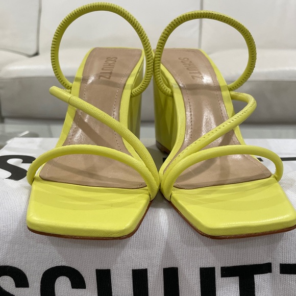 NIB SCHUTZ chartreuse LEATHER strappy wedge sandals lime apple zesty yellow 6.5 - Picture 2 of 16